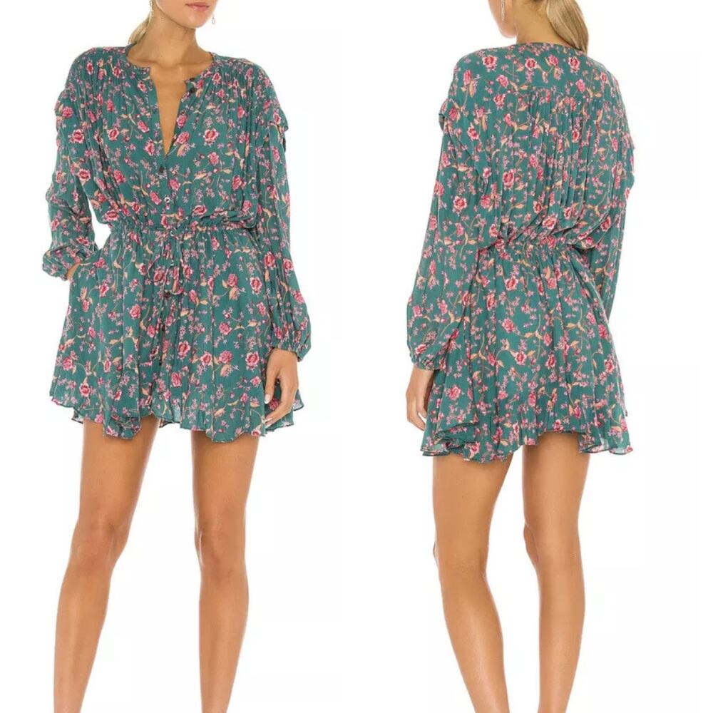 Free People Flower Fields Green Pink Floral Tie Waist Long Sleeve Mini Dress